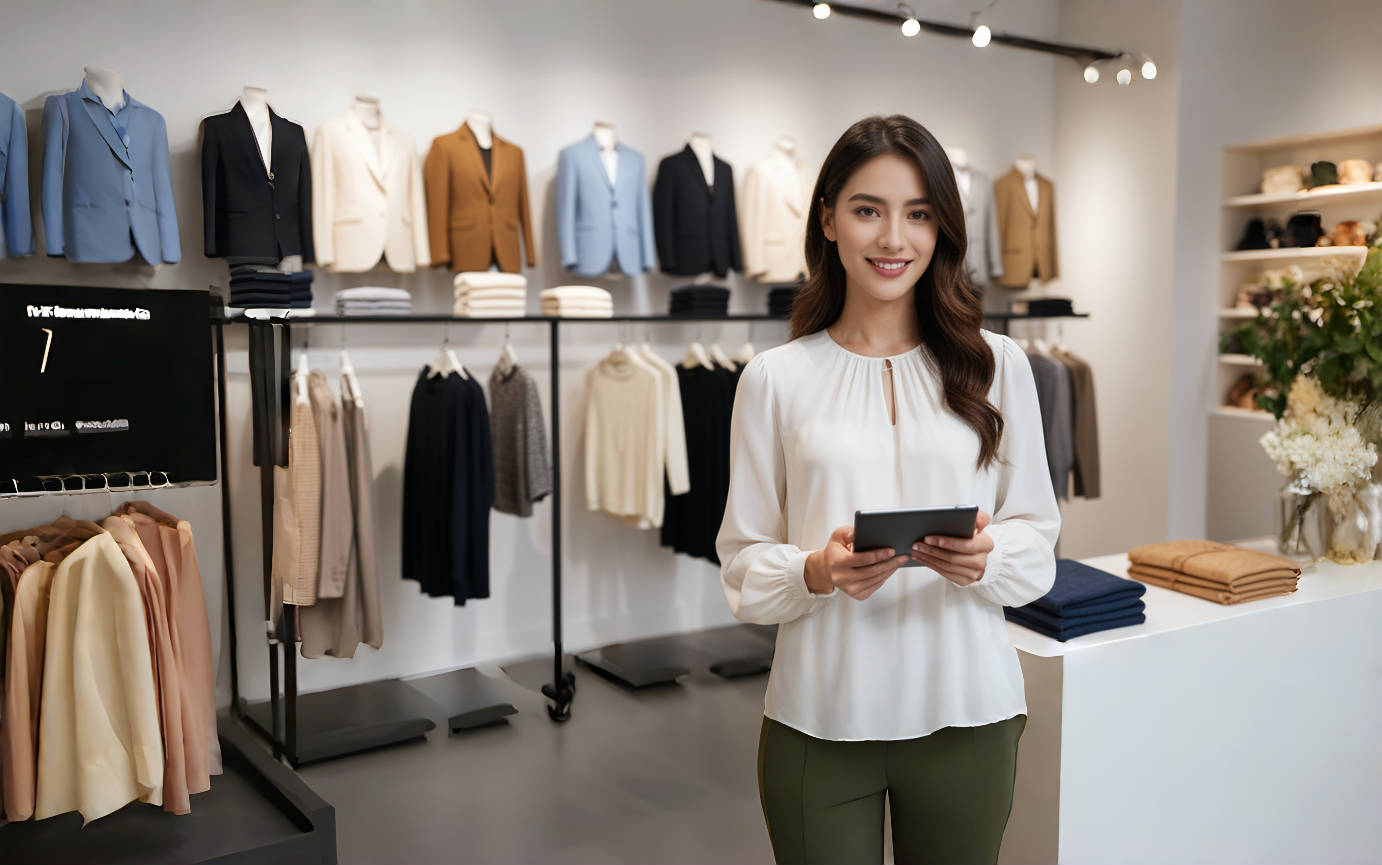 服装店里一名正在巡店的商品人员在查看商品数据-NextStone耐石科技